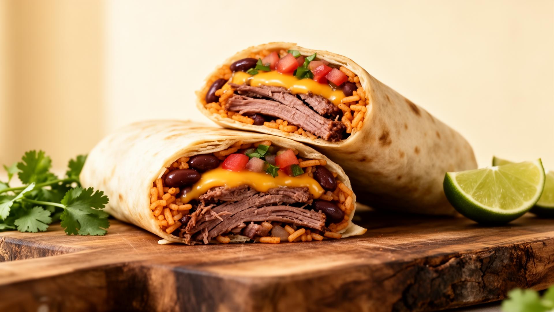 Homemade Tex-Mex burrito cut in half